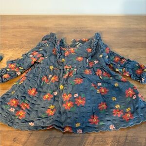 Charming Kids' Floral Dress - Blue with Red and Yellow Flowers